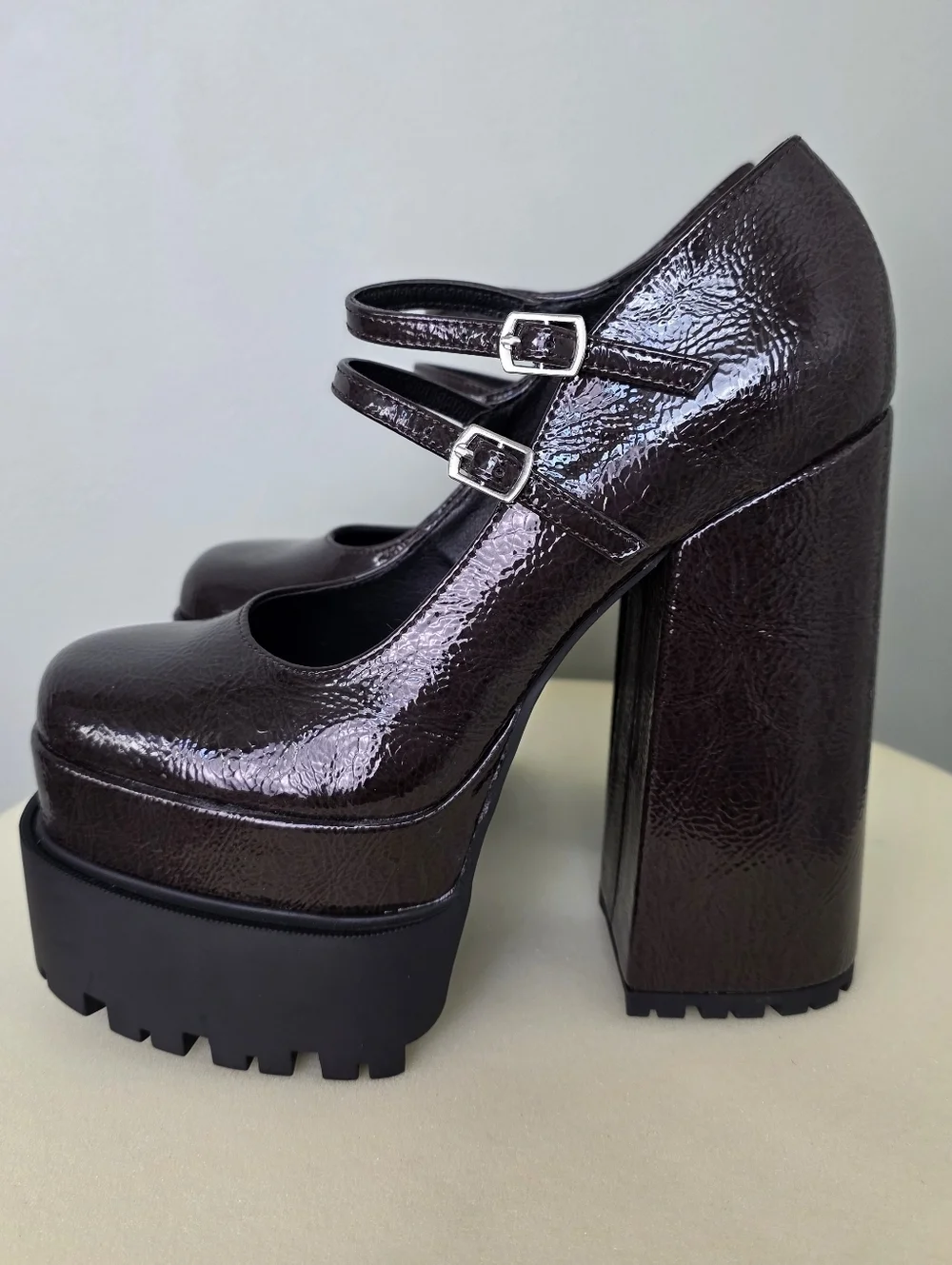 Affection Los Angeles Patent Lug Sole Platform Mary Janes - Dark Brown - 7.5 NEW